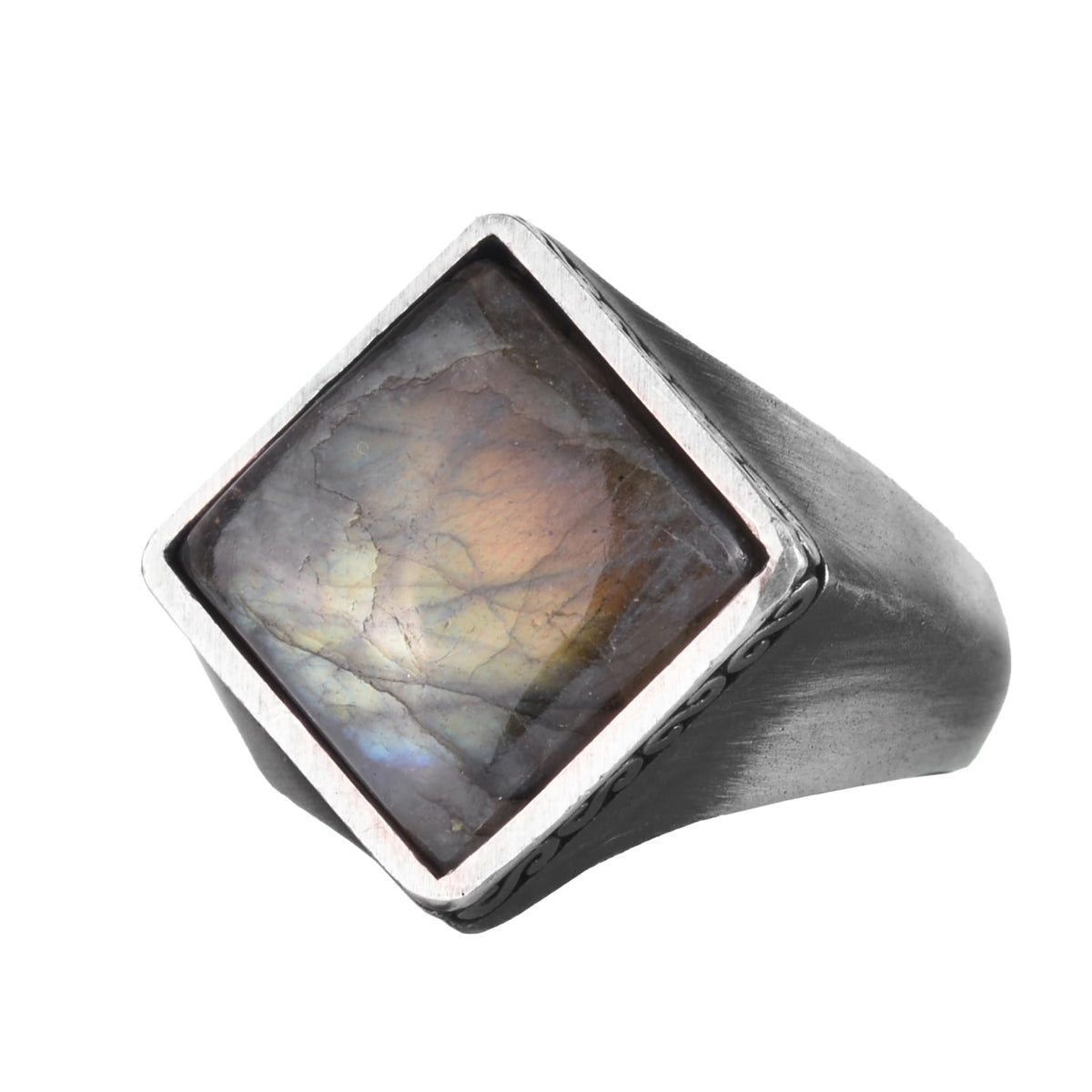 KAMBO Natural Stone Men's Ring 925 Sterling Silver – Square Cut Stone Handmade Minimalist Statement Ring (Labradorite)