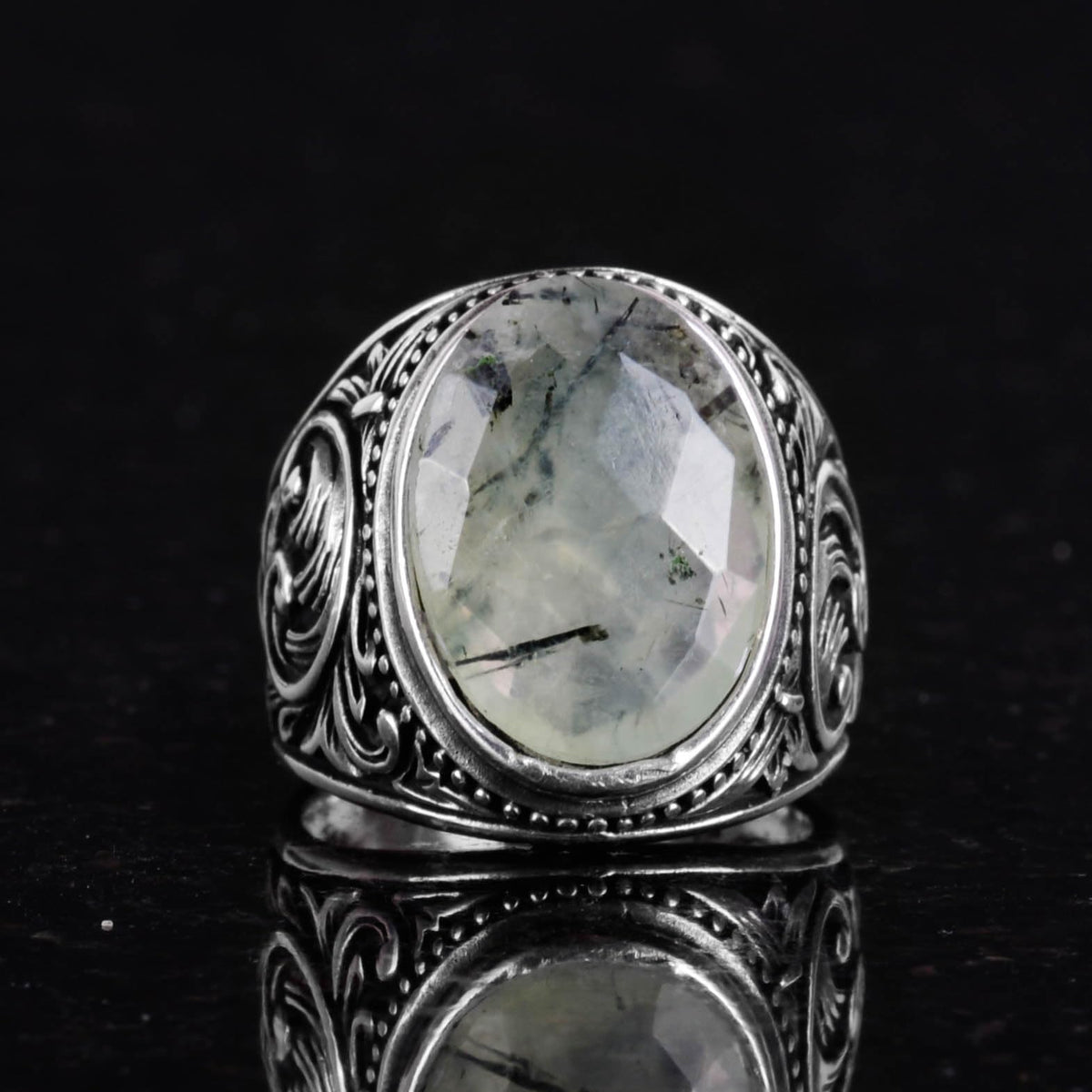 Handmade Prehnite Stone Ring - 925 Sterling Silver Men's Ring — 4