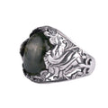 KAMBO Natural Stone Men's Ring 925 Sterling Silver - Large Flower Engraved Statement Ring - Handmade Vintage Ring for Men (Moss Agate)