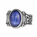 KAMBO 925 Sterling Silver Natural Stone Men's Ring – Labyrinth Pattern Handmade Vintage Statement Ring (Star Sapphire)