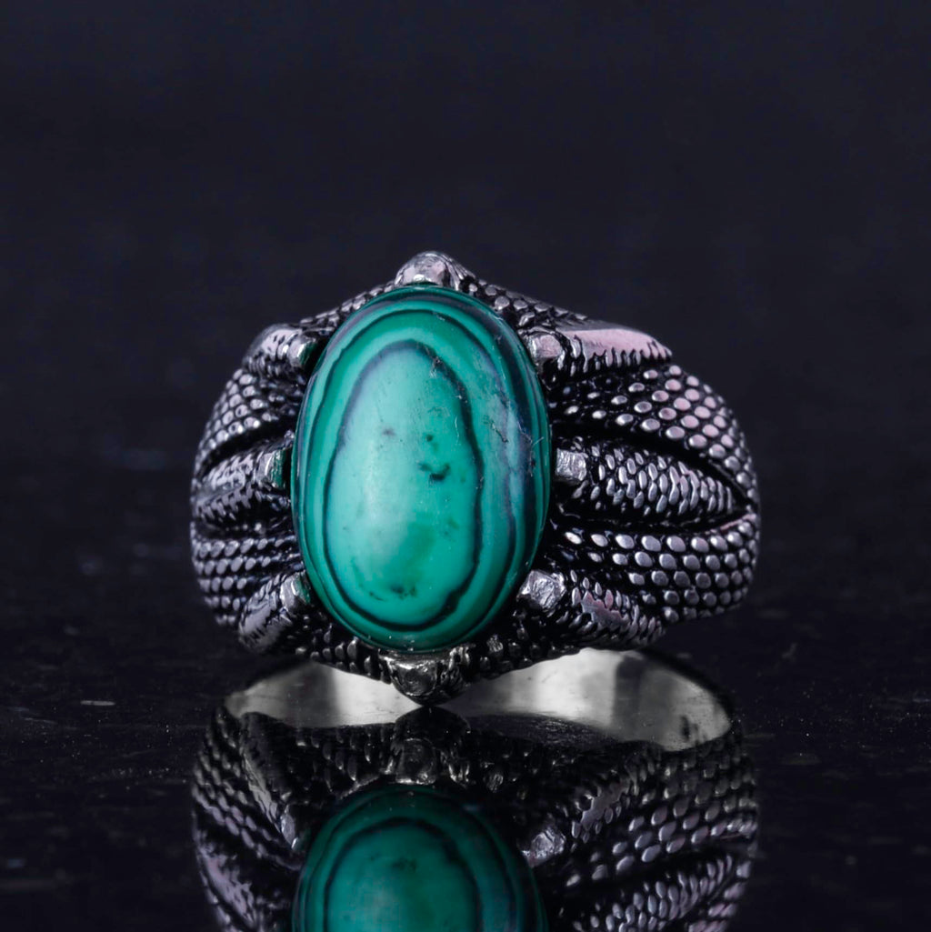 925 Sterling Silver Men's Ring, Natural Stone, Handmade Vintage Design Claw Ring (Malachite) — 6