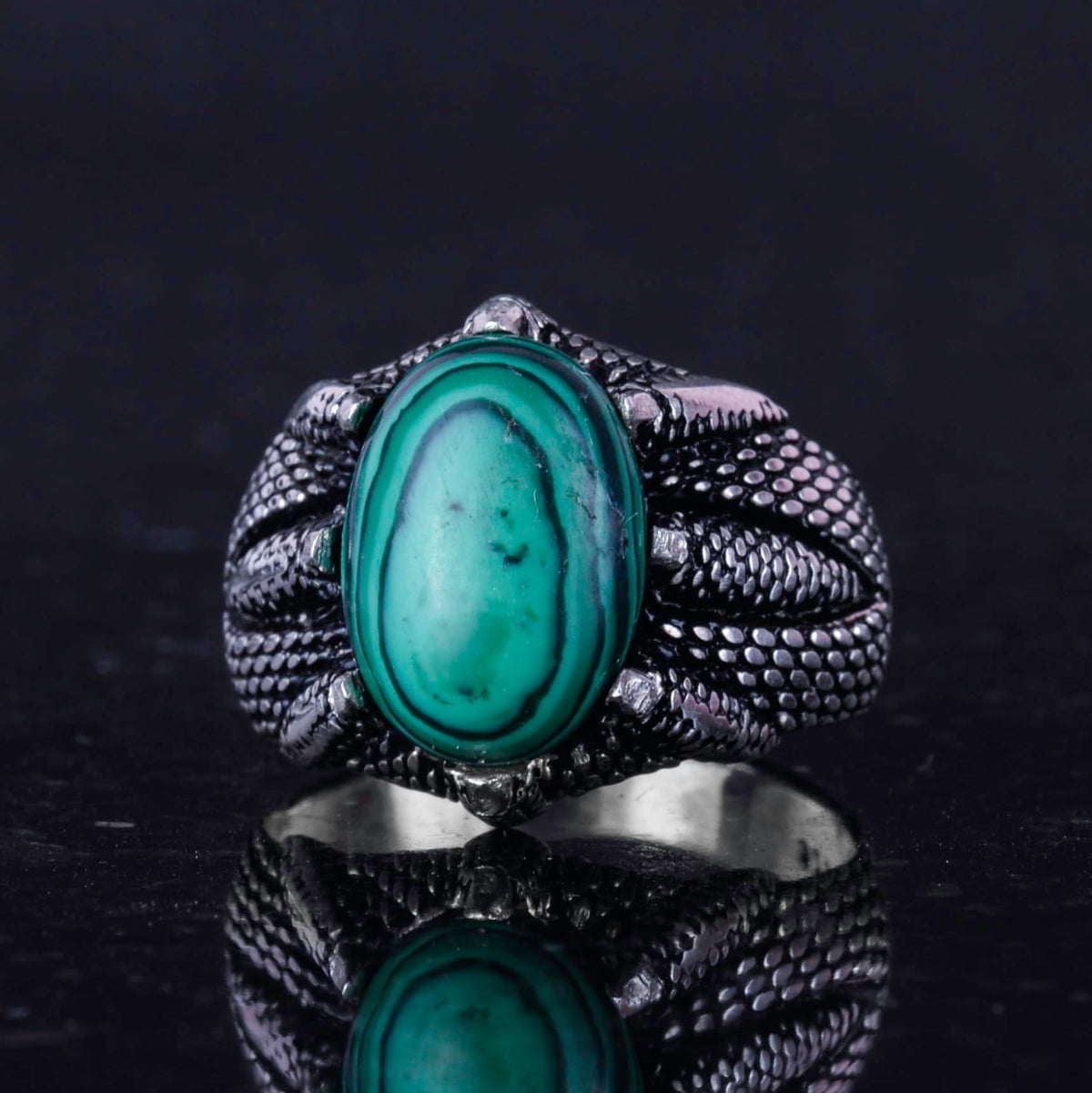 925 Sterling Silver Men's Ring, Natural Stone, Handmade Vintage Design Claw Ring (Malachite) — 6