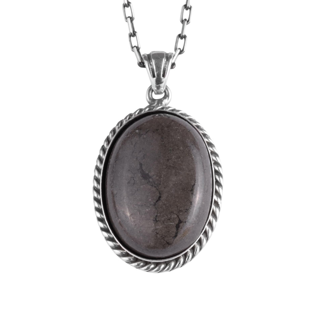 KAMBO Natural Stone Chain Unisex Necklace 925 Sterling Silver – Handmade Oval Description Necklace (Pyrite)