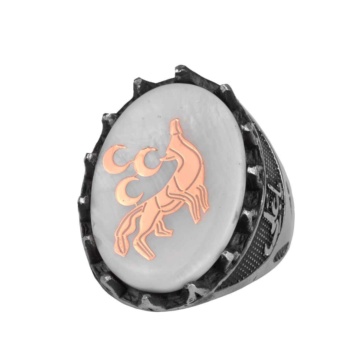 KAMBO 925 Sterling Silver Natural Pearl Men's Ring – Handmade Seljuk Wolf Symbol Statement Ring
