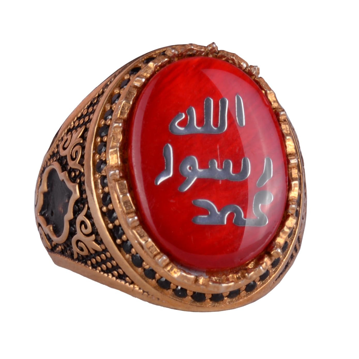 Men's Islamic Ring - 925 Sterling Silver Gold Plated Men's Ring (Red)
