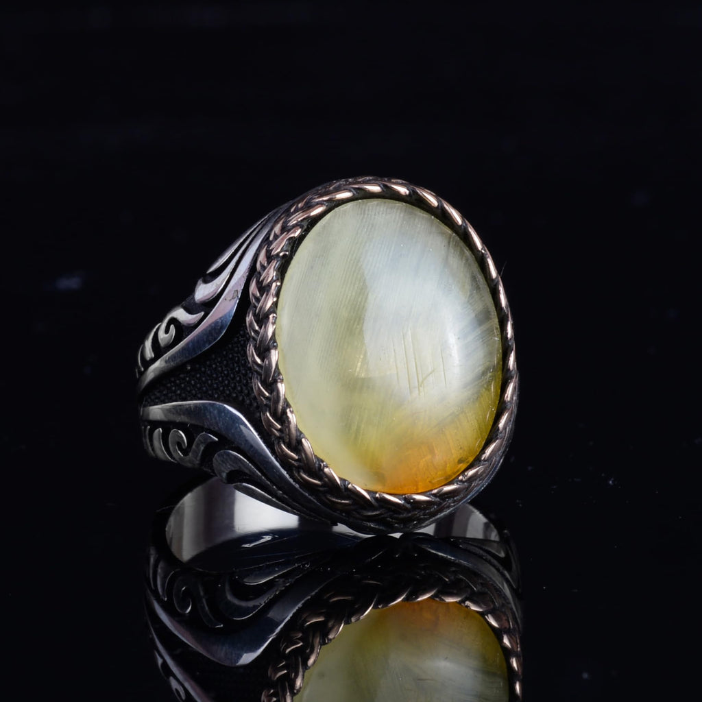 KAMBO Men's Natural Baltic Amber Stone Ring – 925 Sterling Silver Handmade Statement Ring – Authentic Amber Jewelry with Ottoman Style Details (Style-6) — 6