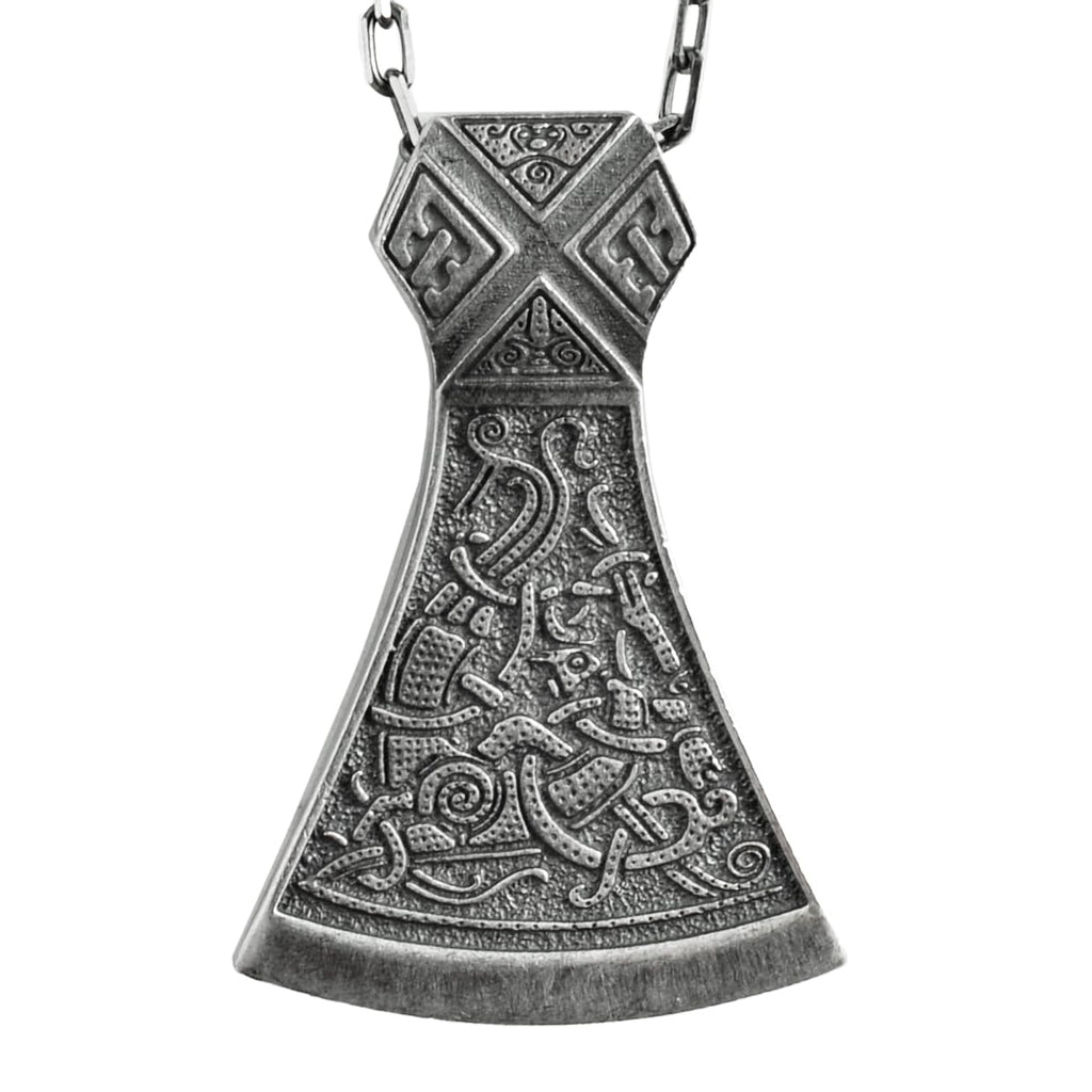 KAMBO Men's 925 Sterling Silver Viking Axe Necklace – Runes and Knotted Scandinavian Mythology Necklace – Chain Scandinavian Warrior Jewelry (Silver)