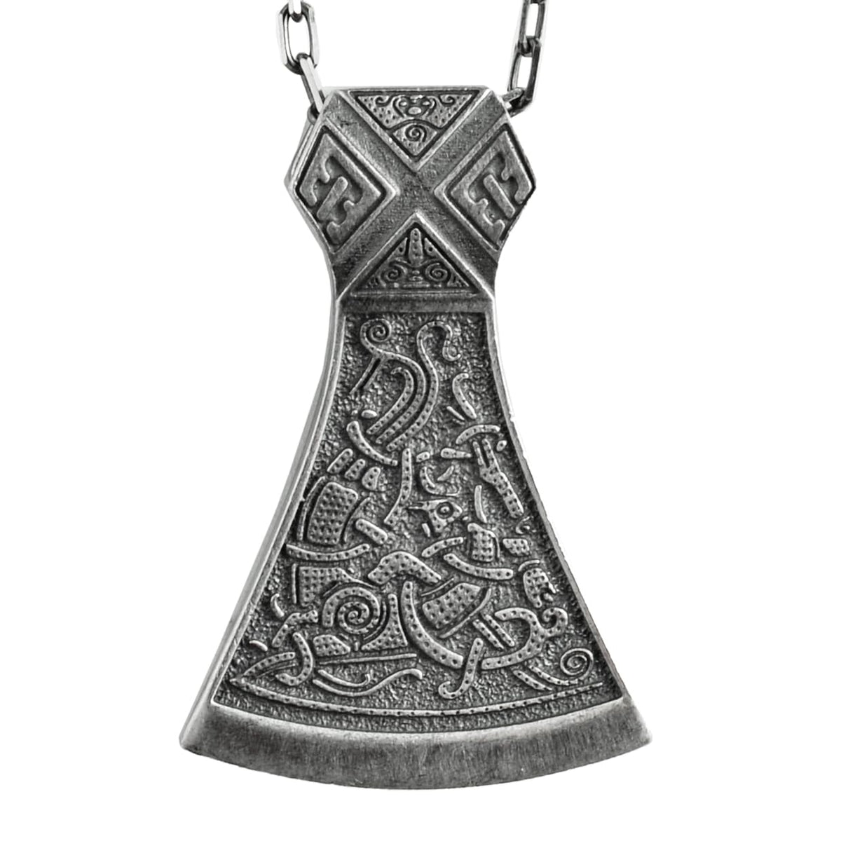 KAMBO Men's 925 Sterling Silver Viking Axe Necklace – Runes and Knotted Scandinavian Mythology Necklace – Chain Scandinavian Warrior Jewelry (Silver)