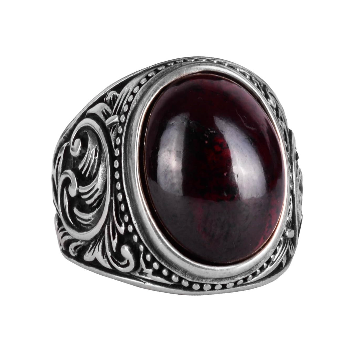 925 Sterling Silver Men's Ring, Natural Cabochon Garnet Stone Ring