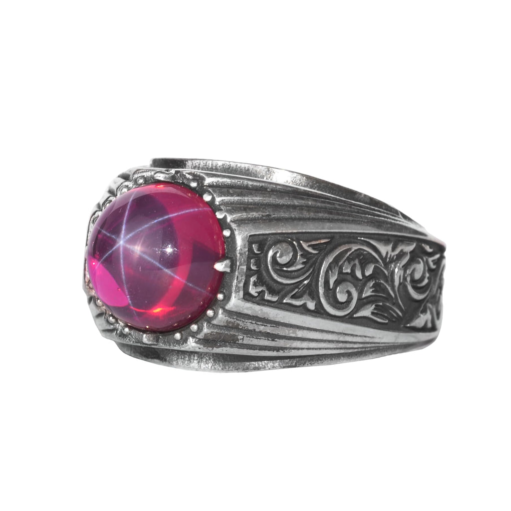 KAMBO Natural Star Ruby Stone Ring for Men 925 Sterling Silver Vintage Engraved Handmade Statement Ring Asterism Ruby