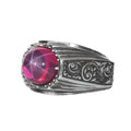 KAMBO Natural Star Ruby Stone Ring for Men 925 Sterling Silver Vintage Engraved Handmade Statement Ring Asterism Ruby