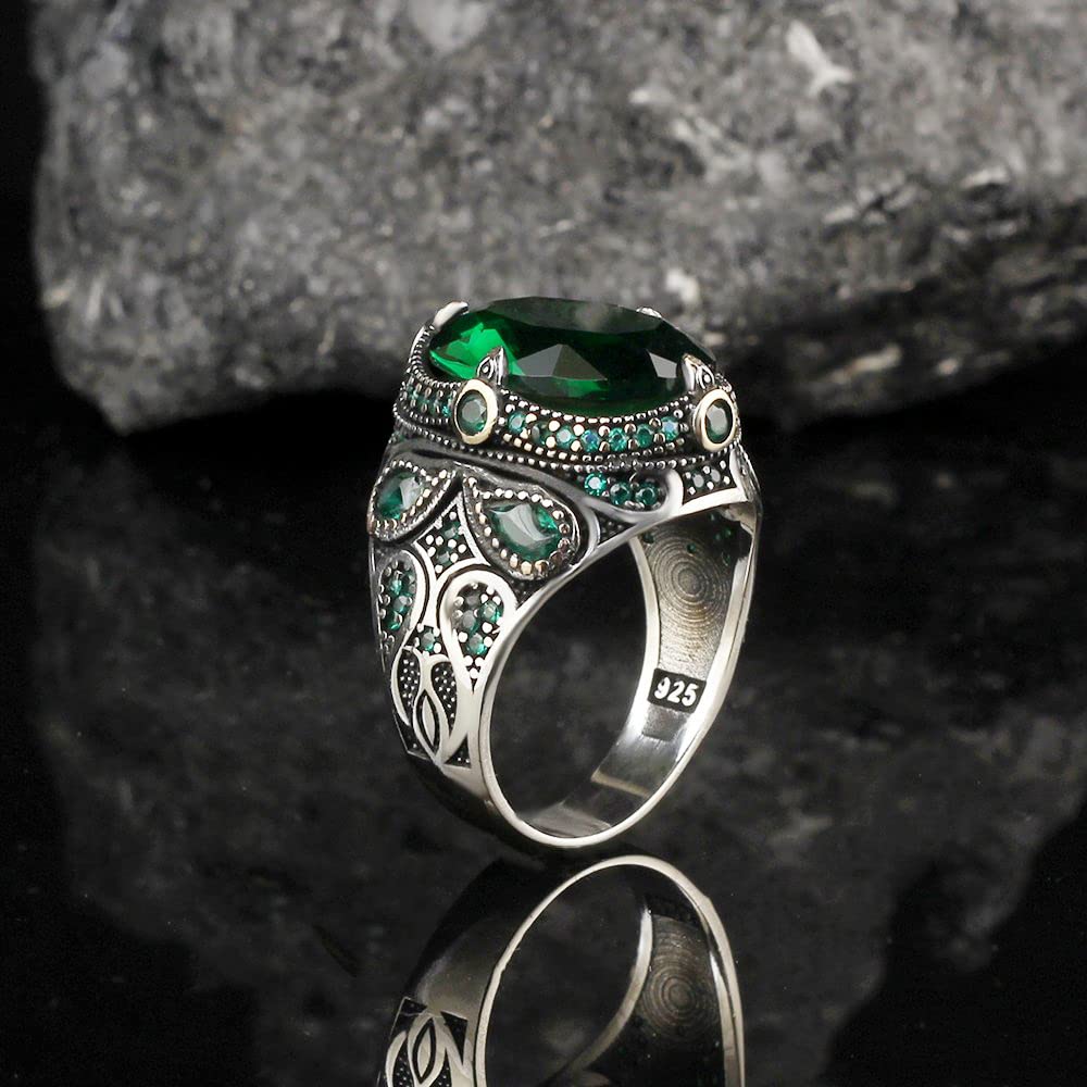 Handmade 925 Sterling Silver Men's Ring, Green Zircon Stone, Stylish Band Design, Elegant Men's Jewelry — 4