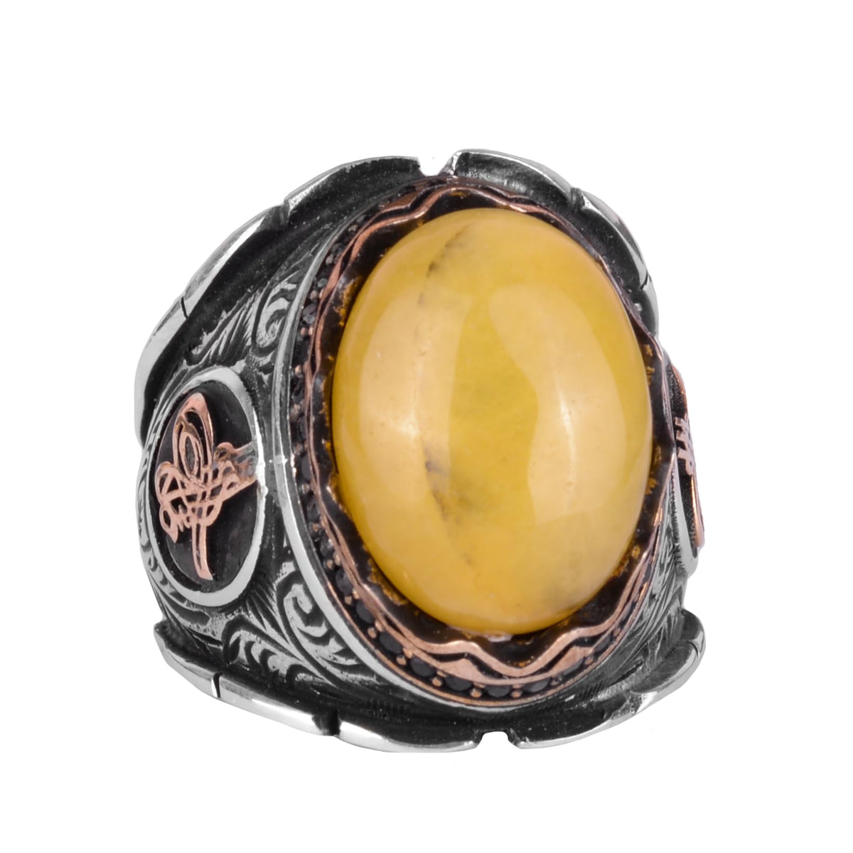 Ottoman Tugra Silver Ring, Natural Yellow Agate Stone Ring