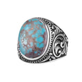 KAMBO Natural Turquoise Stone Men's Ring 925 Sterling Silver Oval Cabochon Ottoman Sliding Pattern Handmade Vintage Style Ring (Turquoise-1)