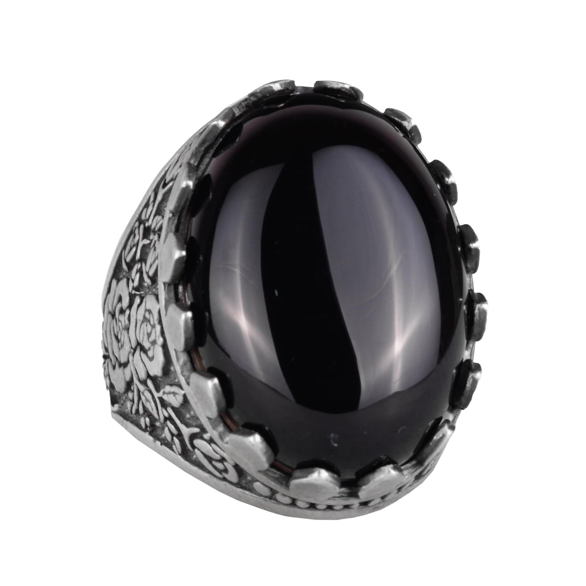 Kambo Natural Gemstone Ring - Rose Pattern Ring - 925 Sterling Silver Ring - Handmade Large Ring (Onyx)