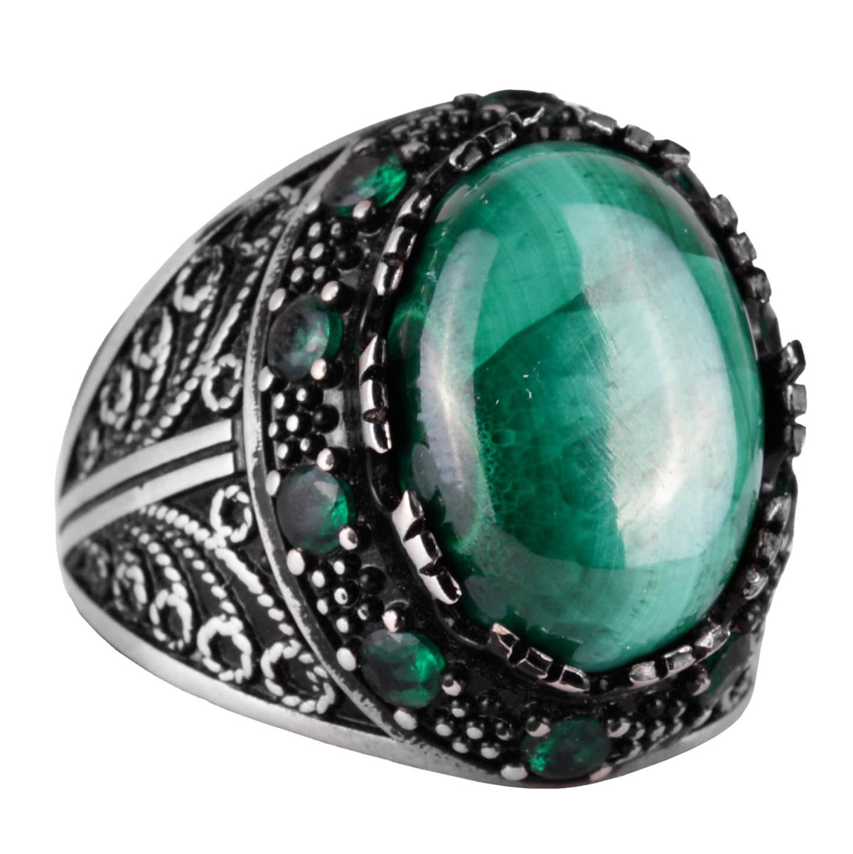 Natural Malachite Stone Ring - 925 Sterling Silver Handmade Men's Jewelry