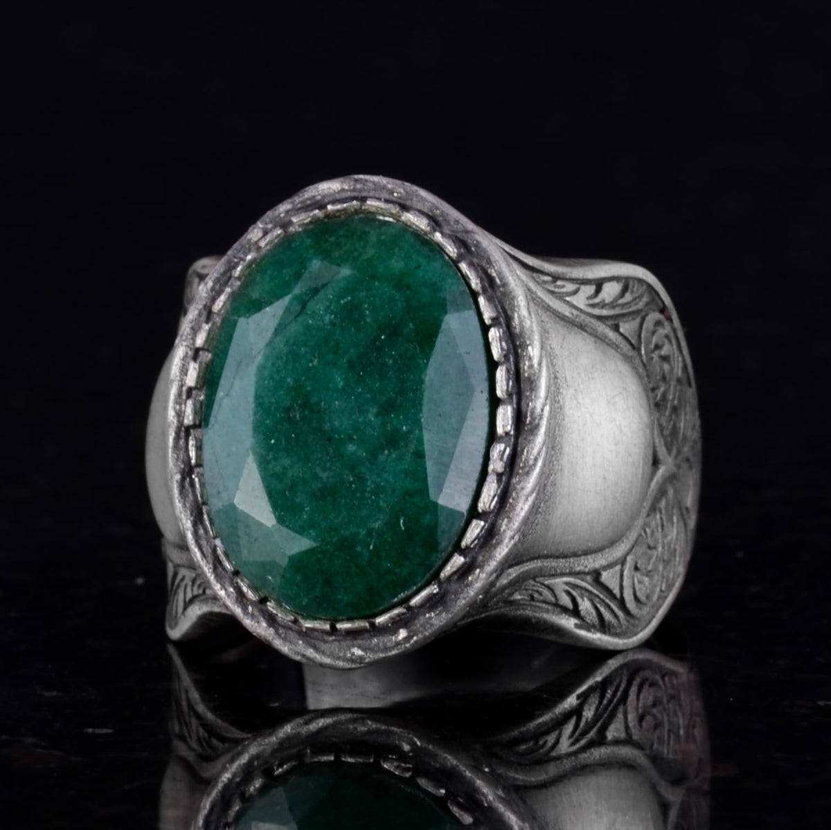 Natural Stone Ring - Emerald, 925 Sterling Silver — 4
