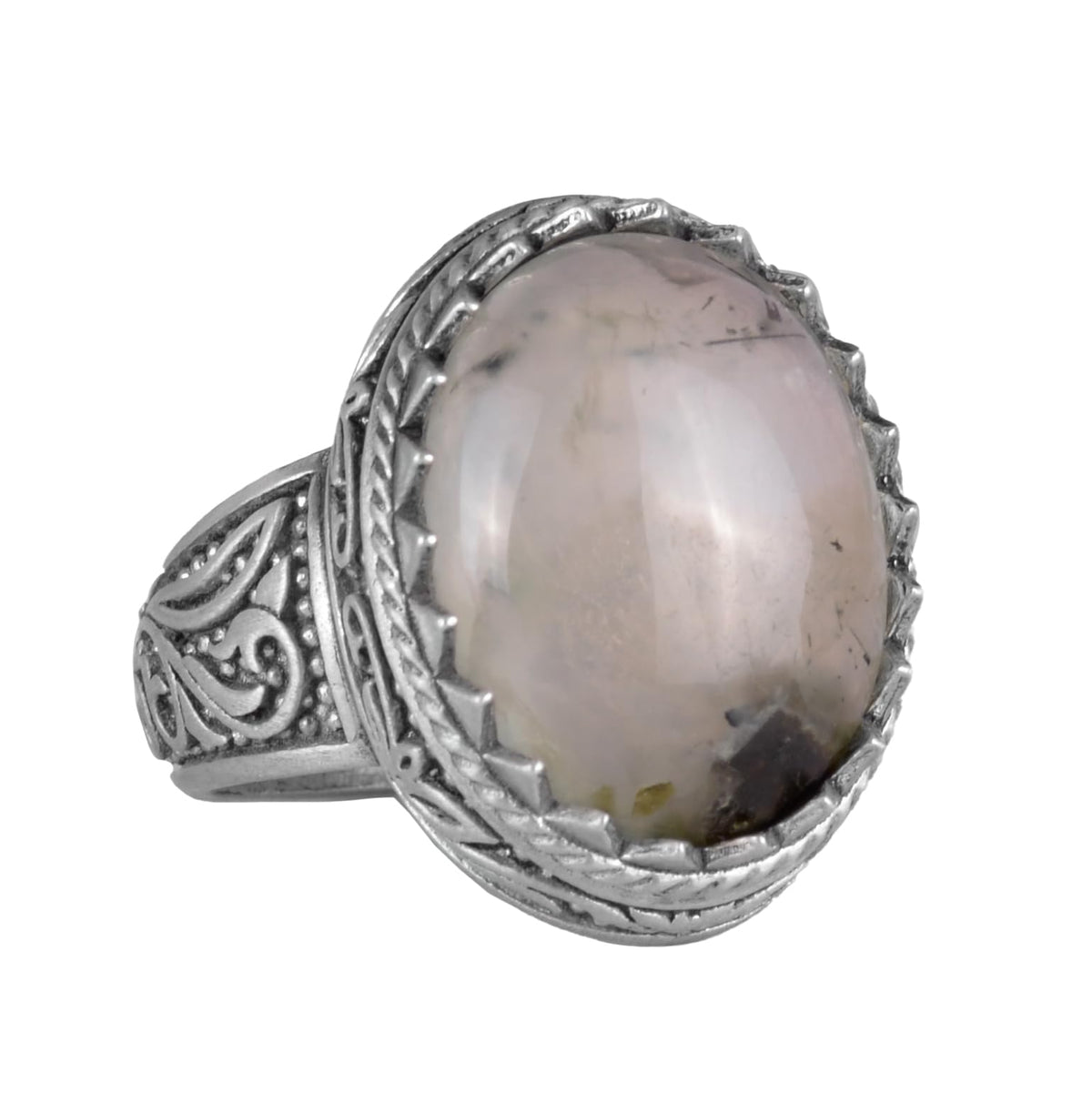Handmade Prehnite Jade Ring - Healing Themed 925 Sterling Silver Men's Ring - Peace and Insight Design