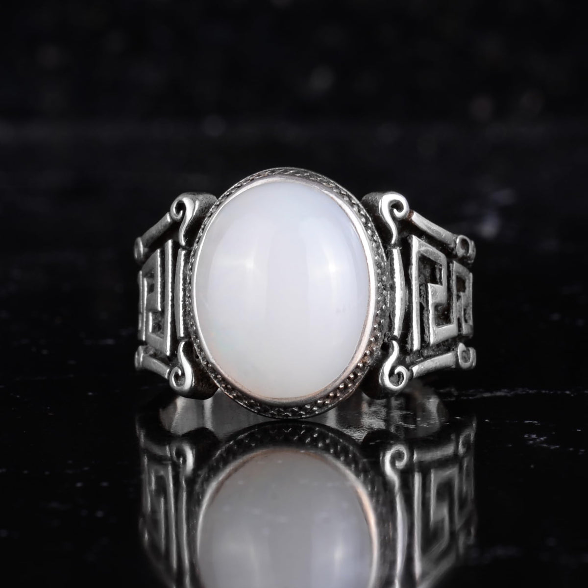 KAMBO Natural Opal Men's Ring 925 Sterling Silver Greek Key Pattern Seal Ring Oval White Stone Vintage Style — 4