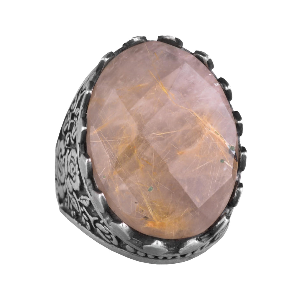 Natural Stone Ring - Rose Pattern - 925 Sterling Silver - Handmade Large Ring (Gold Rutile Quartz)