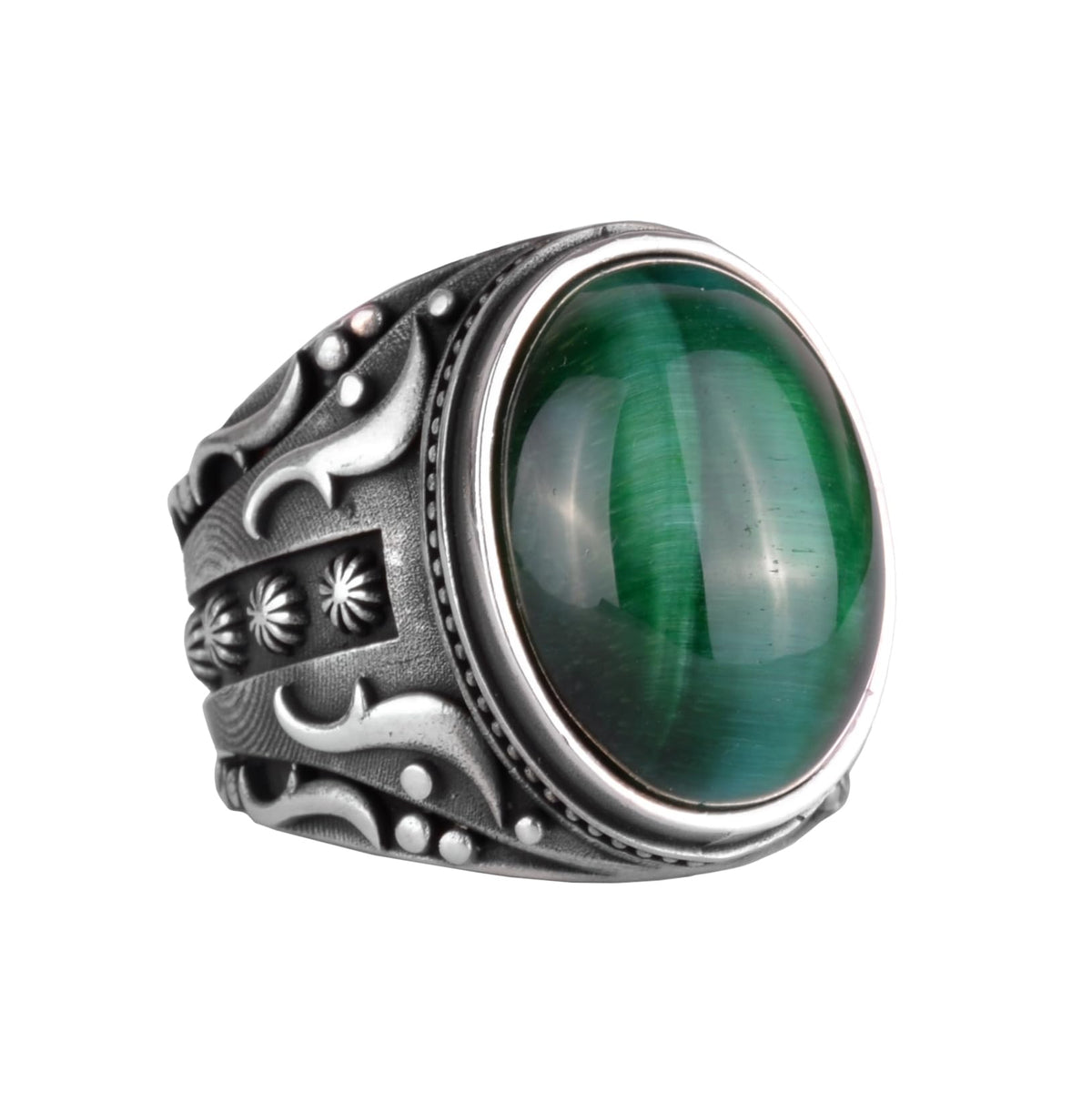 Green Synthetic Cat's Eye Stone Ring, 925 Sterling Silver Ring, Designer Silver Men's Ring