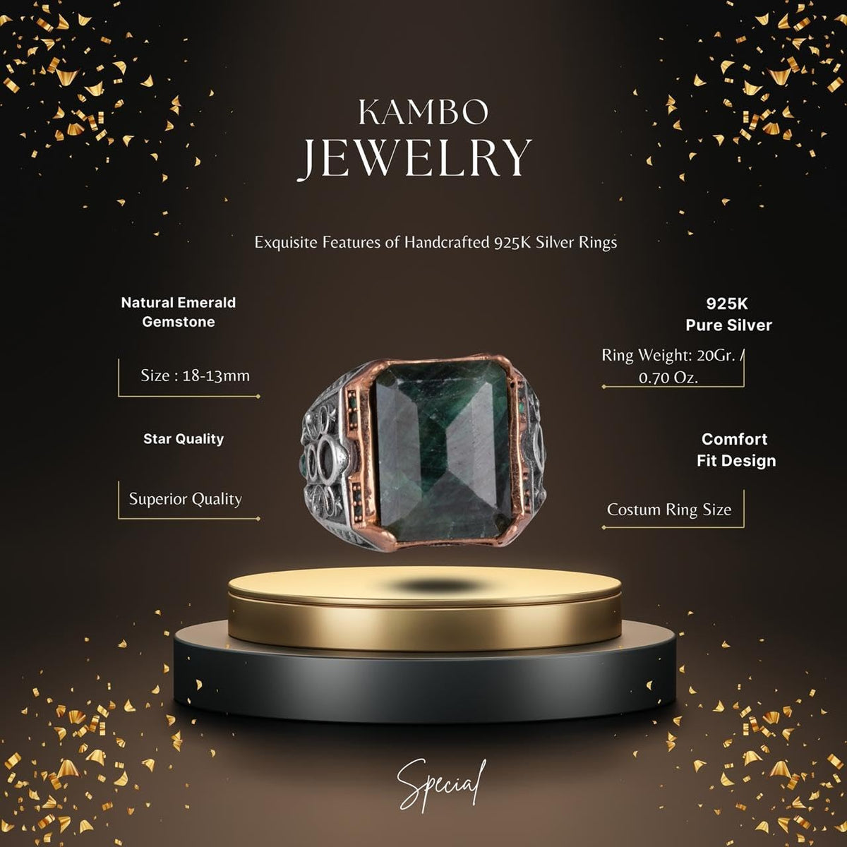 925 Sterling Silver Ring - Handmade Ring with Natural Emerald Stone — 2