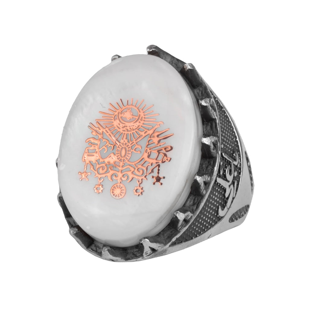 KAMBO 925 Sterling Silver Natural Pearl Men's Ring – Handmade Ottoman Tugra Symbol Statement Ring