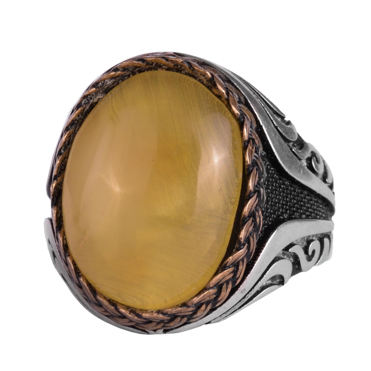 KAMBO Men's Natural Baltic Amber Stone Ring – 925 Sterling Silver Handmade Statement Ring – Authentic Amber Jewelry with Ottoman Style Details (Style-12)