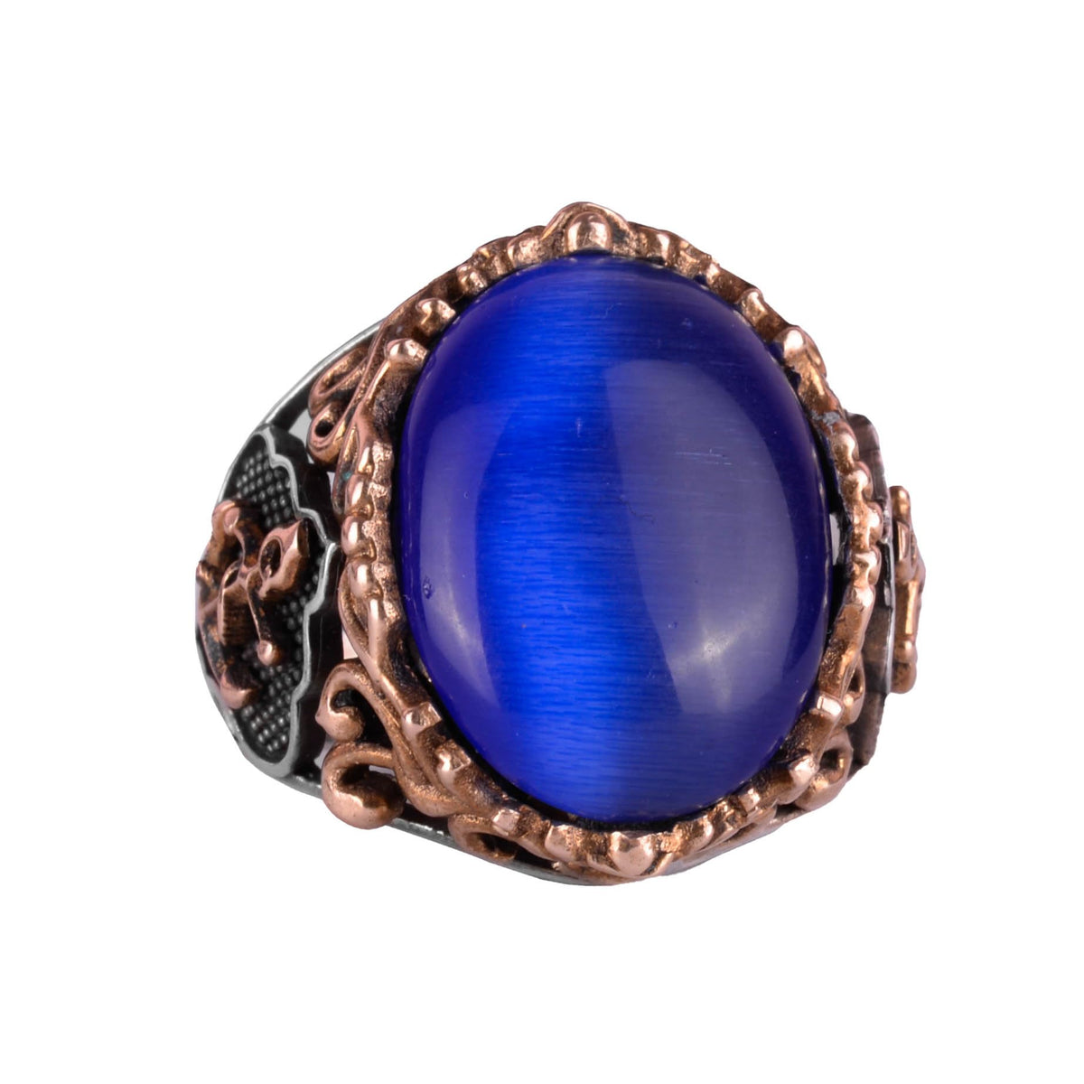 Kambo Synthetic Blue Cat's Eye Stone Sailor Anchor Ring - 925 Sterling Silver Ring