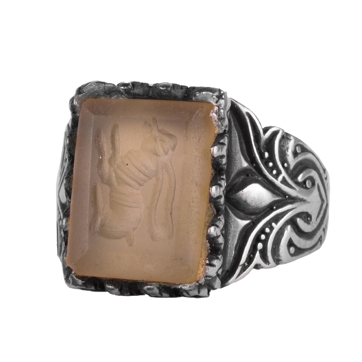 KAMBO Natural Agate Stone Men's Ring – Square Stone Vintage Design 925 Sterling Silver Handmade Ring