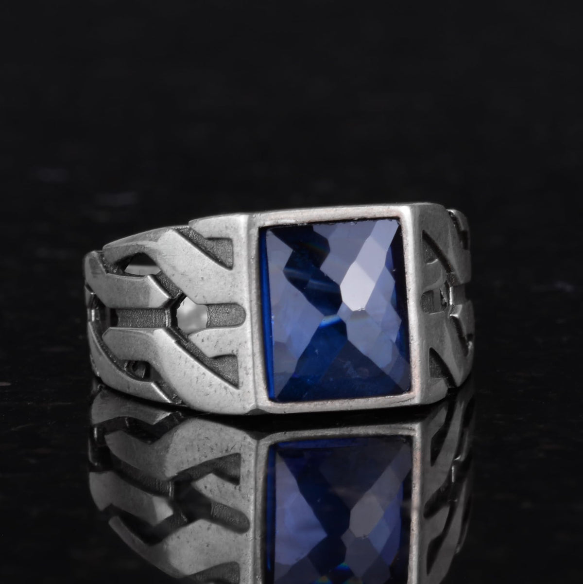 KAMBO 925 Sterling Silver Men's Ring, Elegant Design Silver Ring, Greek Key Design Ring (Created Sapphire) — 4