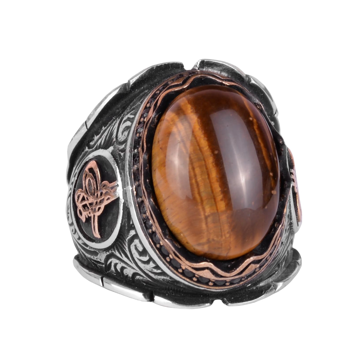 Handcrafted Cabochon Tiger's Eye Stone Ring, 925 Sterling Silver Men's Ring, Stylish Design, Ottoman Tughra Ring