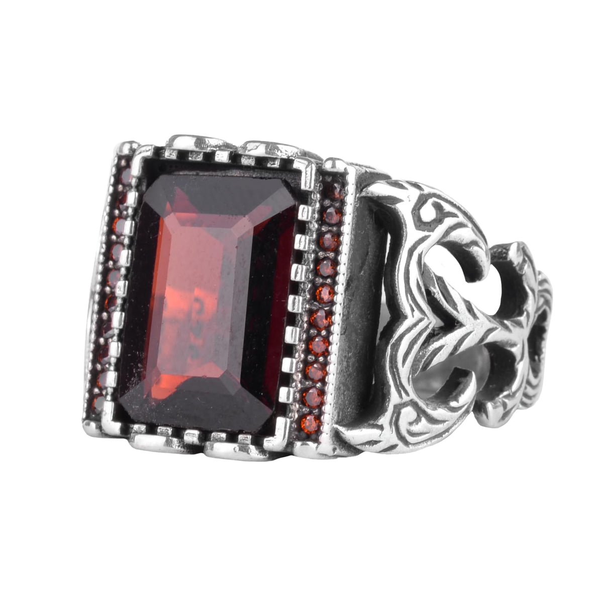 KAMBO Natural Garnet Stone Men's Ring 925 Sterling Silver Rectangular Garnet Halo Ring Handmade Statement Jewelry
