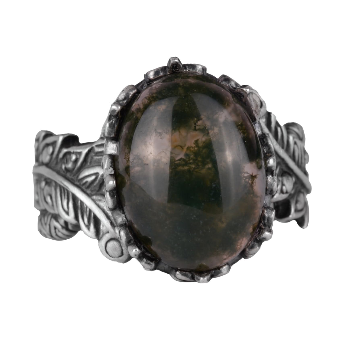 Silver Women's Ring with Natural Moss Agate Stone, Vintage Bohemian Design