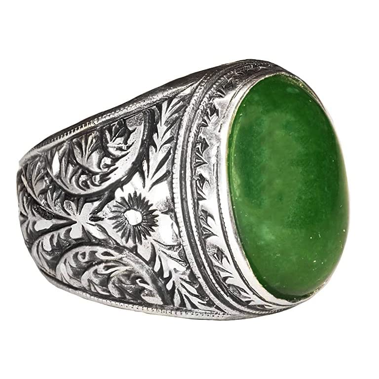 Falcon Jewelry Handmade Vintage 925 Sterling Silver Men's Ring with Natural Jade Gemstone, Byzantine Leaf and Botanical 