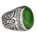 KAMBO Handmade Vintage 925 Sterling Silver Men's Ring with Natural Jade Gemstone, Byzantine Leaf and Botanical Ottoman D