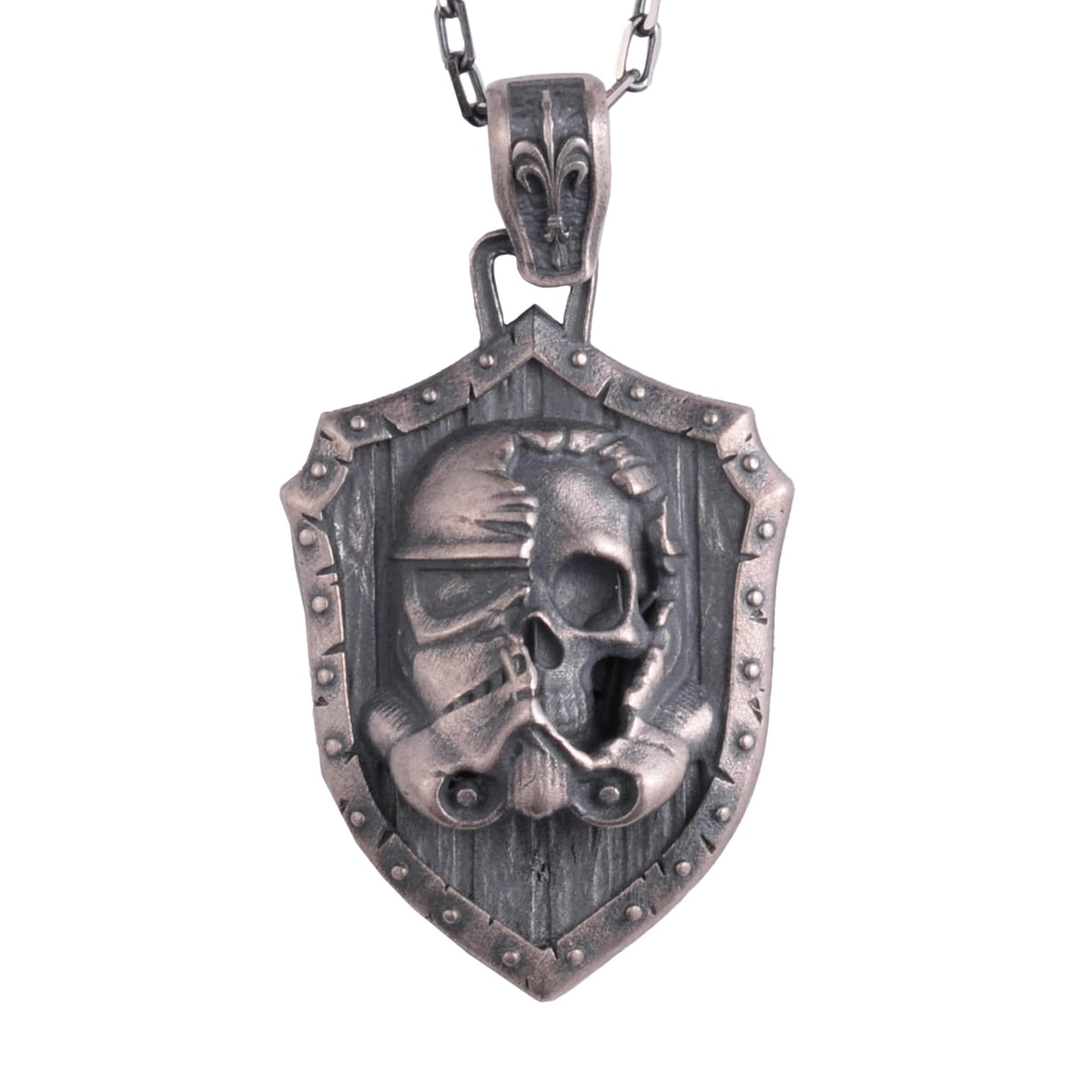 KAMBO 925 Sterling Silver Post-Apocalyptic Skull Necklace – Chain Gas Mask Warrior Shield Necklace – Handmade Gothic Men's Jewelry (Silver)