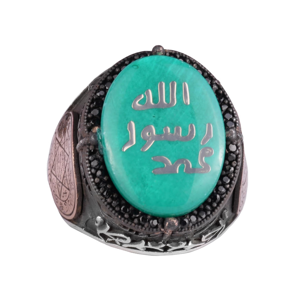 Kambo Islamic Men's Ring - 925 Sterling Silver Handmade Ring - Star of David Ring (Green)