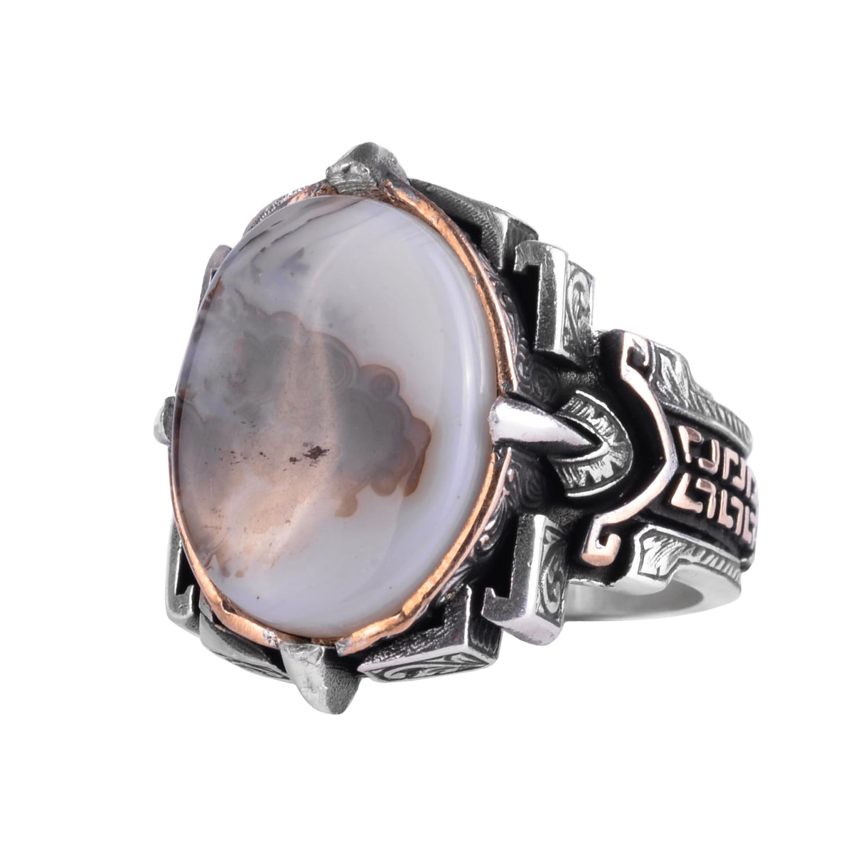 KAMBO Natural Stone Ring 925 Sterling Silver – Handmade Men's Statement Ring Healing Jewelry (Yemen Agate)