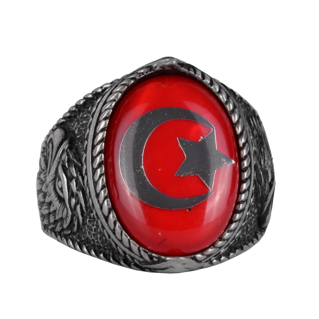 Men's Crescent and Star Eagle Ring - 925 Sterling Silver Ring - Crescent and Star Design - Turkish Crescent and Star Flag Eagle Design Ring (Red)
