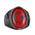 Men's Crescent and Star Eagle Ring - 925 Sterling Silver Ring - Crescent and Star Design - Turkish Crescent and Star Flag Eagle Design Ring (Red)