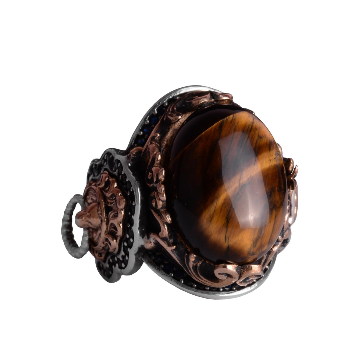 Handmade Tiger Eye Stone Ring, Lion Symbol Ring - 925K Pure Silver Men's Ring - Brave Design