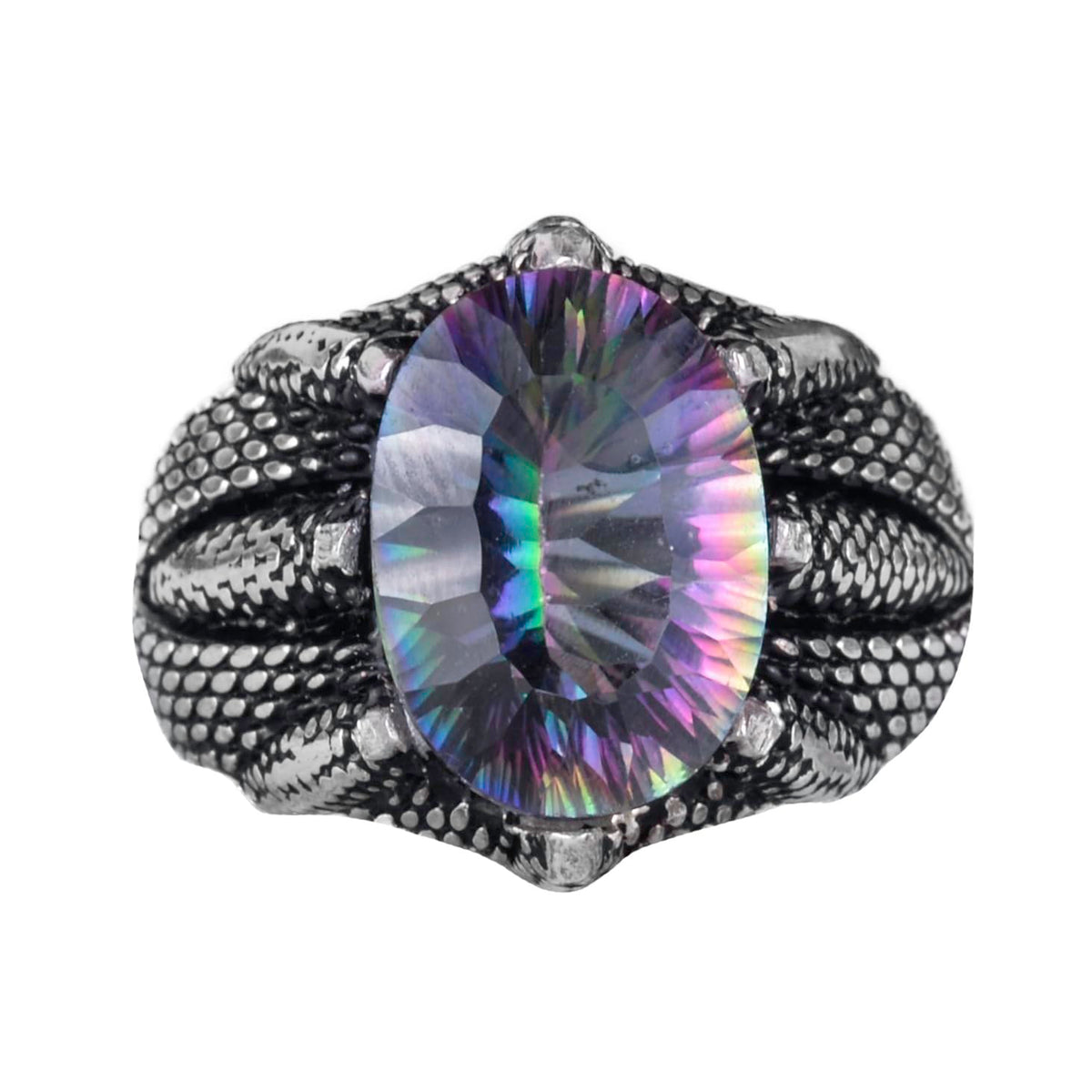 Silver Claw Ring with Natural Mystic Topaz Stone