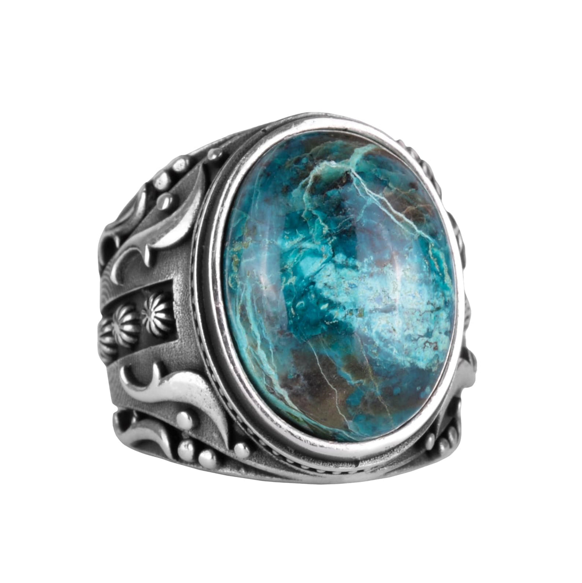 KAMBO Handmade 925 Sterling Silver Men's Chrysocolla Gemstone Ring, Minimalist Vintage Design, Solid Silver Statement Ba