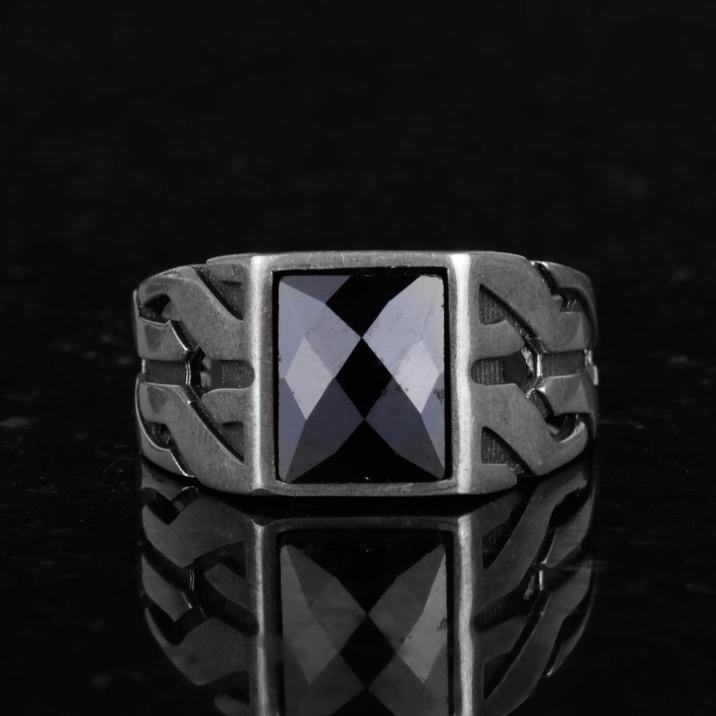 KAMBO Silver Greek Key Ring with Synthetic Onyx Stone — 3