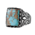 KAMBO Natural Turquoise Stone Square Ring – Vintage Carved Design 925 Sterling Silver Men's Statement Jewelry (Style-1)