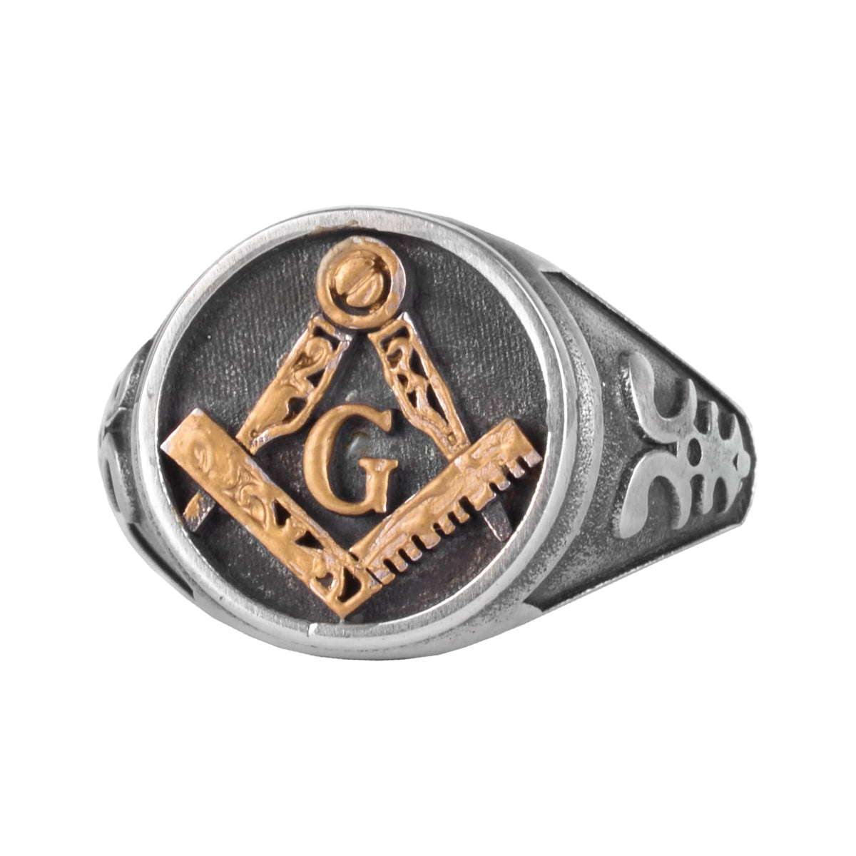 KAMBO Masonic Men's Ring – 925 Sterling Silver with Gold Plated Detail Square and Compass Ring – Handmade Descriptive Jewelry