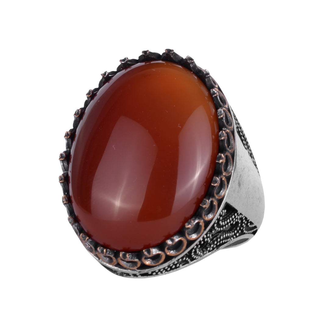 KAMBO Natural Red Agate Men's Ring 925 Sterling Silver - Large Oval Cabochon Statement Vintage Handmade Design