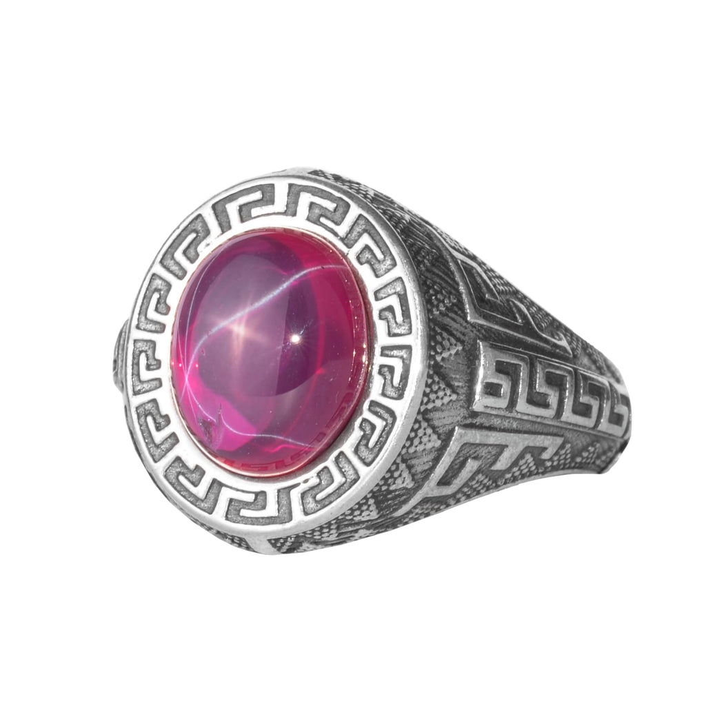 KAMBO Natural Star Ruby Stone Ring for Men - 925 Sterling Silver, Greek Key Pattern Seal Ring, Handmade Asterism Ruby