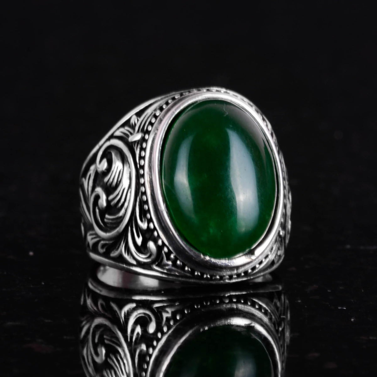 Handmade Natural Jade Stone Ring - 925 Sterling Silver Men's Ring - Harmony and Abundance Design — 6